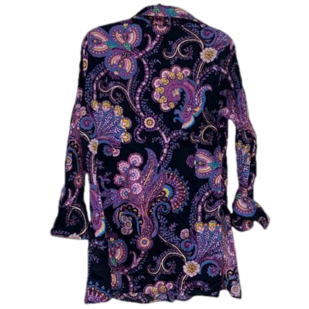 Isabel Tunic length button down blouse- Black Purple paisley design, Size L - Picture 2 of 4